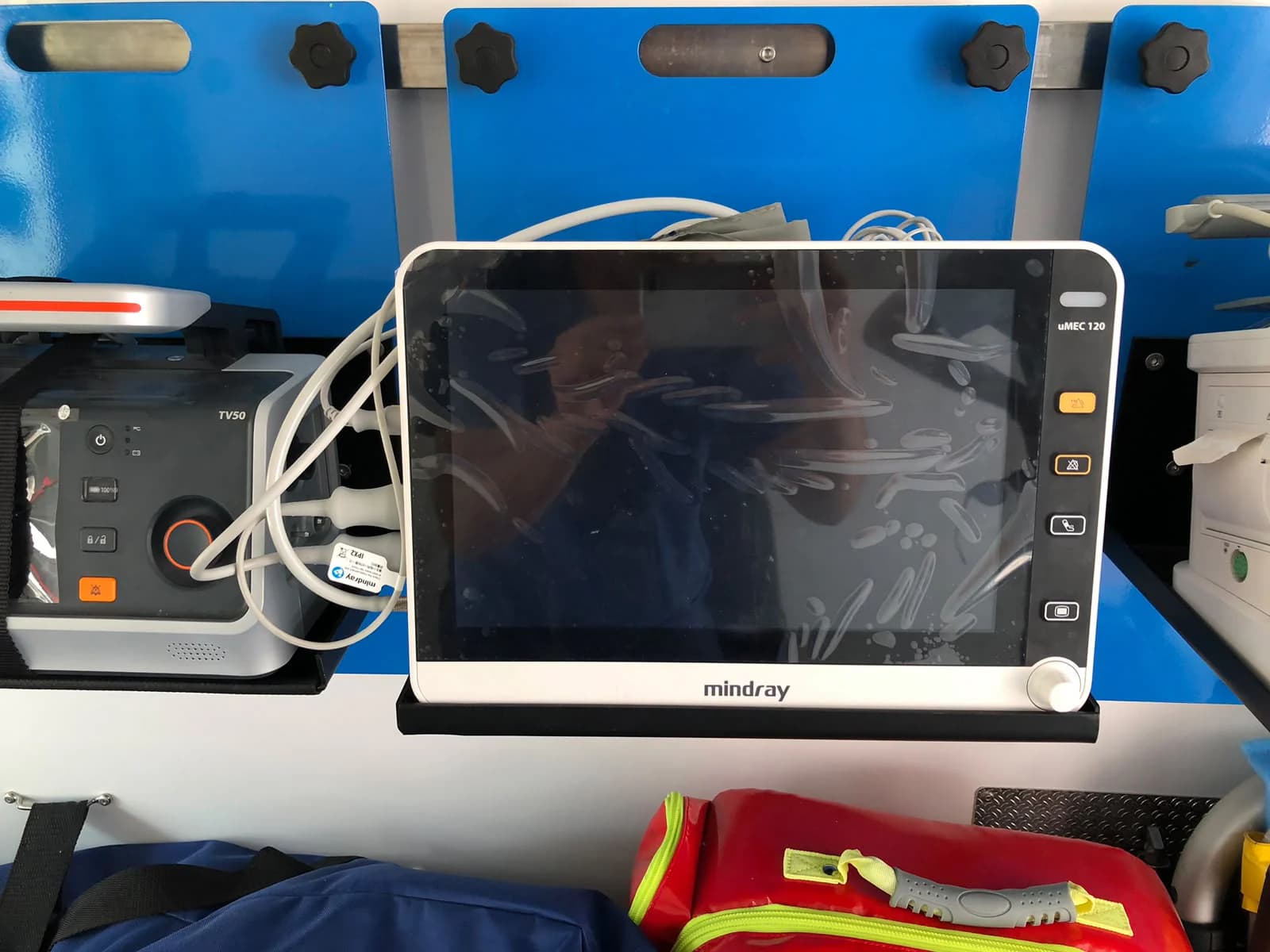 Mindray patient monitor and ventilator mounted in an EMS ambulance