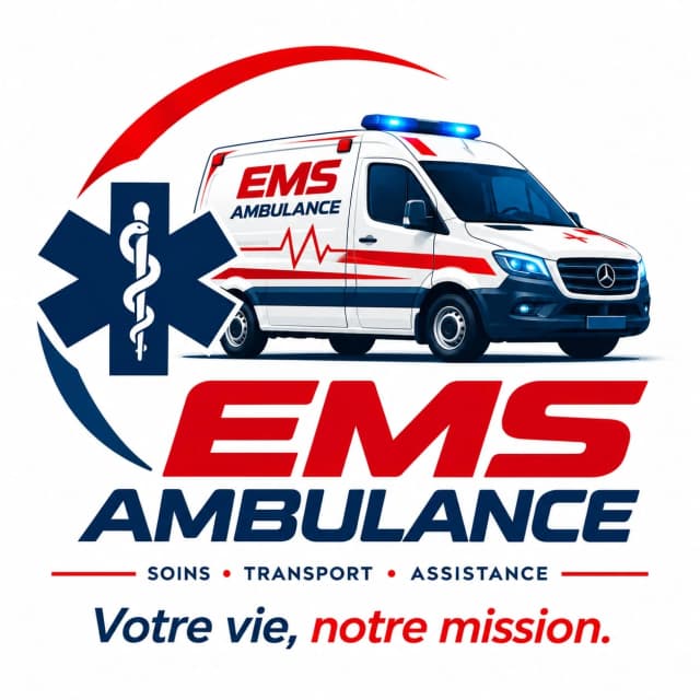 شعار EMS Ambulance — رعاية، نقل، مساعدة. حياتكم، مهمّتنا